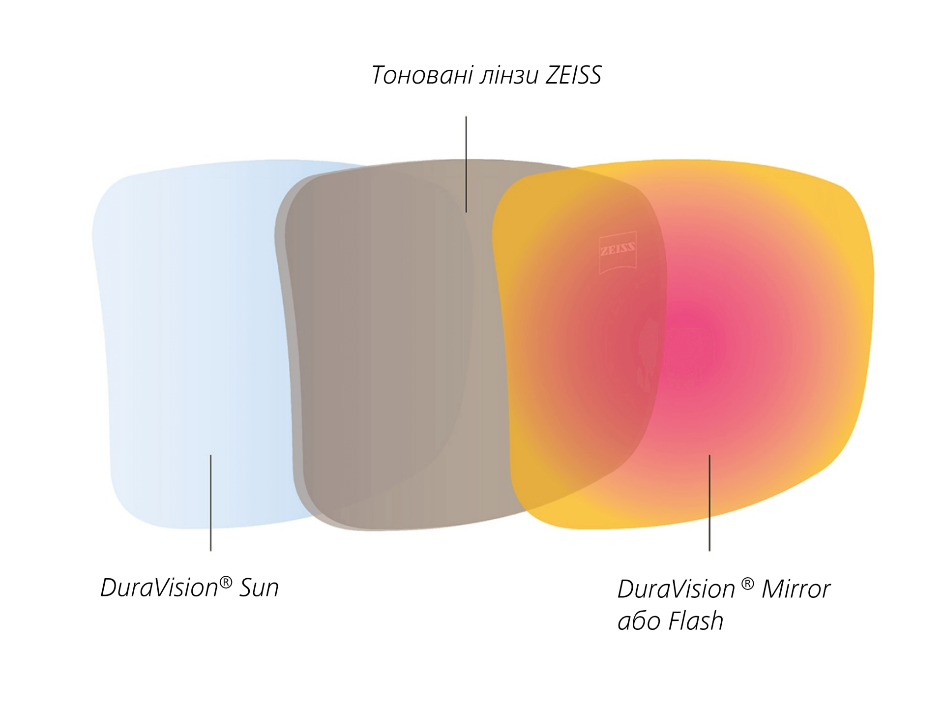Зображення тонованої лінзи ZEISS із покриттям на зворотній та передній поверхнях лінзи, розробленим для захисту від сонячного світла 