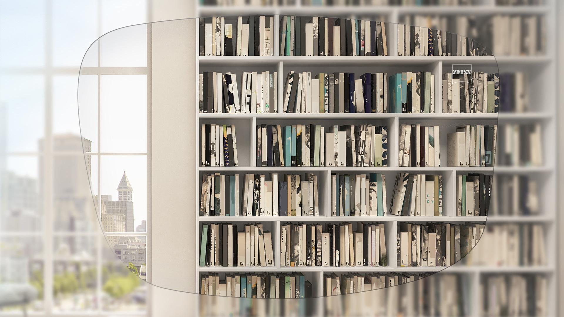 Вид на книжкову полицю та вікно крізь індивідуальні монофокальні лінзи ZEISS 