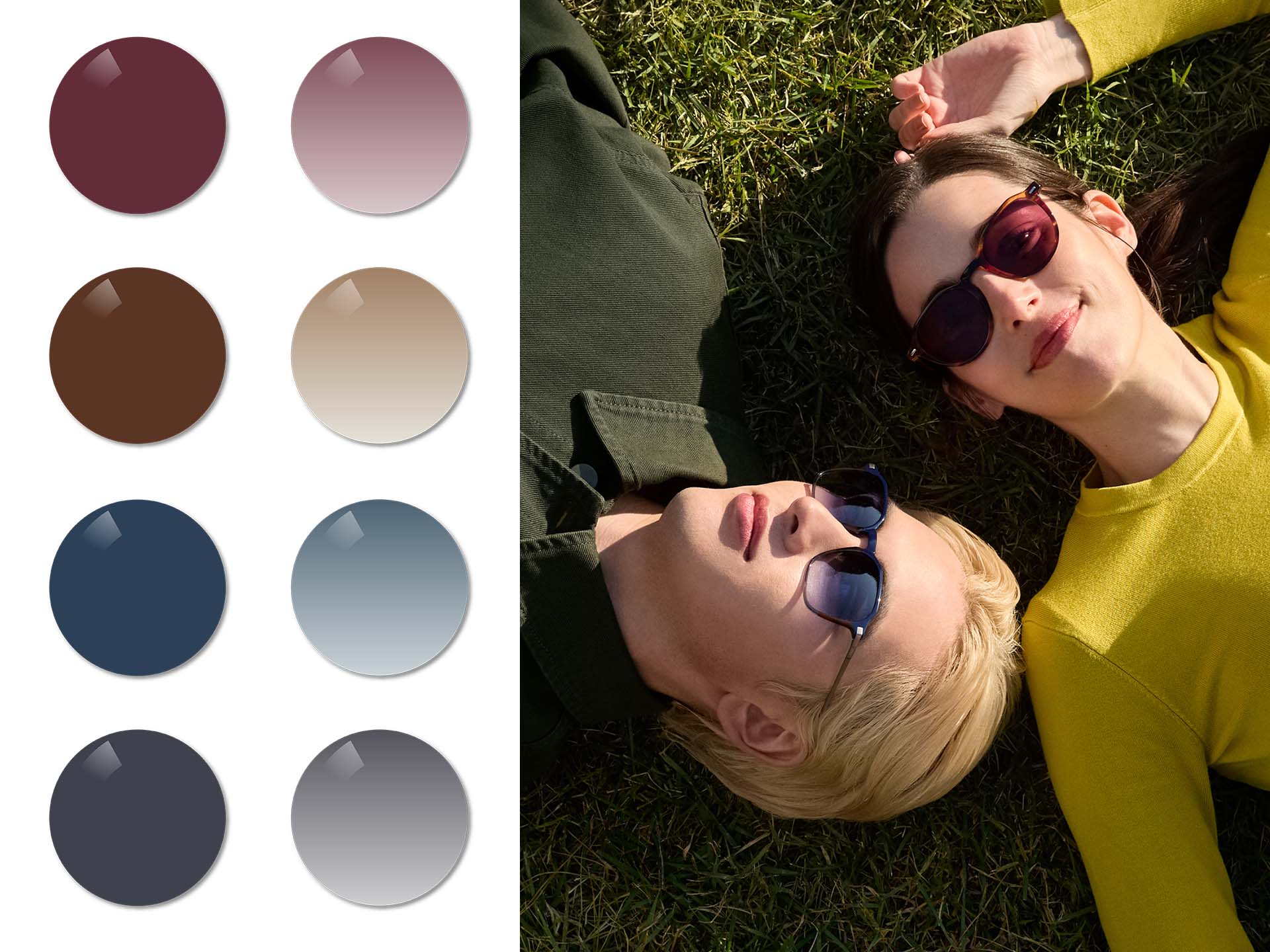 Чоловік в окулярах із лінзами ZEISS Sun Rx кольору Midnight Blue з градієнтом та жінка в сонцезахисних окулярах із рецептурними лінзами ZEISS із однотонним тонуванням кольору Burgundy лежать на траві. Поруч показано кольори Burgundy, Copper Brown, Midnight Blue та Dusk Grey в однотонному та градієнтному варіантах тонування.