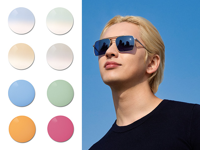 Молодий чоловік у окулярах із лінзами ZEISS Sun Rx із однотонним синім тонуванням. Поруч показано палітру особливих кольорів тонування – від градієнтного тонування пастельних тонів до однотонного тонування яскравих і насичених відтінків.