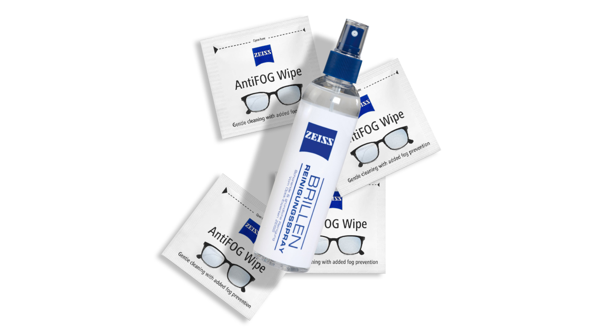 Зображення серветок та спрею для очищення лінз від ZEISS.
