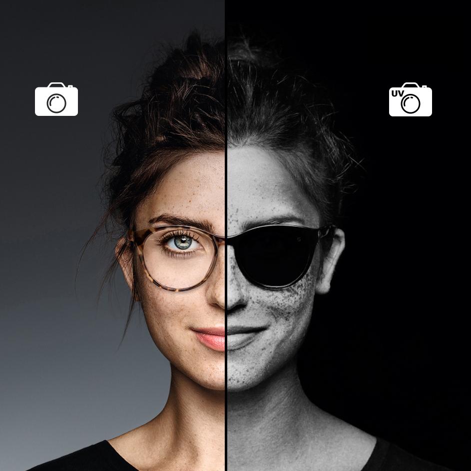 Зображення крупним планом жінки в окулярах із технологією ZEISS UVProtect. Половину знімка зроблено звичайною камерою, іншу половину – УФ-камерою. На УФ-знімку показано, що прозорі лінзи ZEISS блокують шкідливе УФ-випромінювання настільки ж ефективно, як і сонцезахисні окуляри.