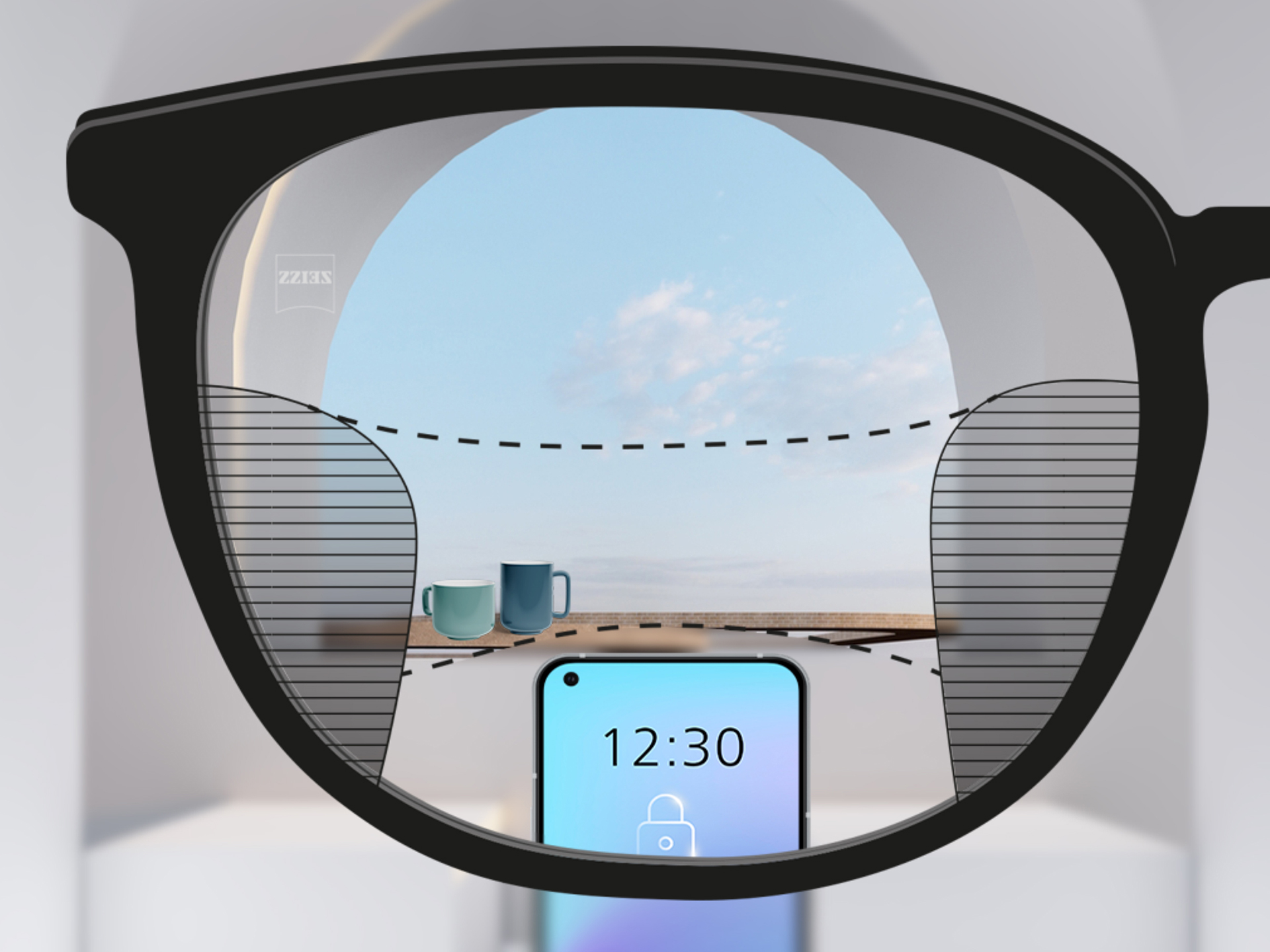 Зображення при погляді крізь лінзу ZEISS Progressive SmartLife: зони "розмитості" в лівій та правій частинах лінзи маленькі, а зони чіткого зору великі.