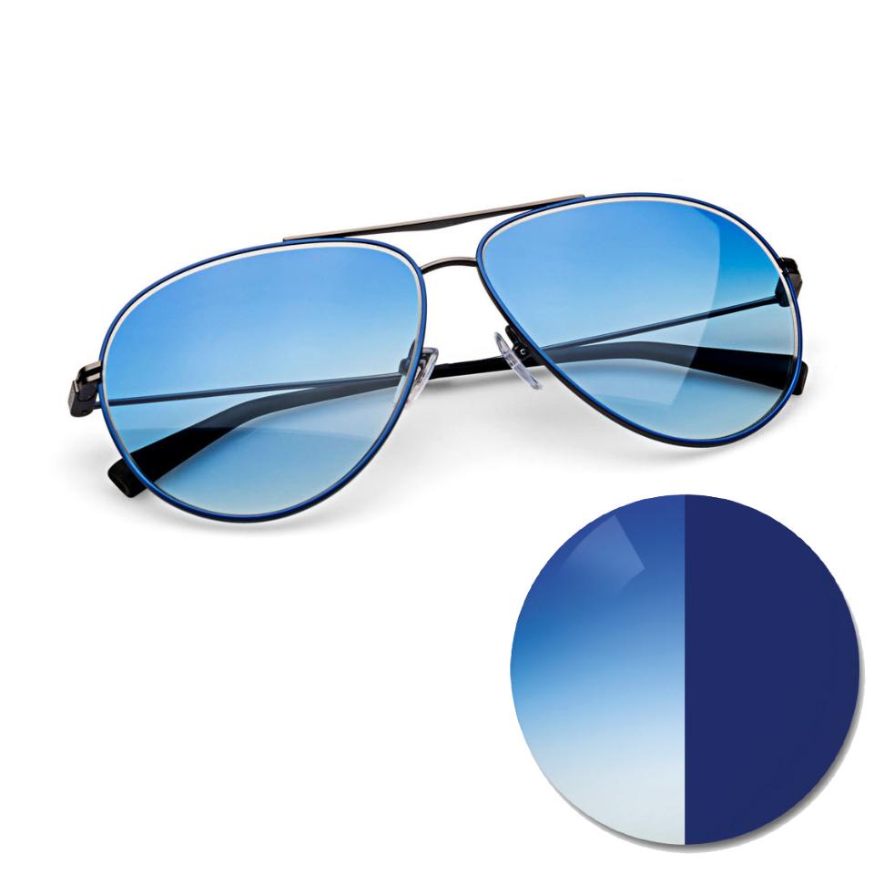 Окуляри з синіми лінзами з градієнтом ZEISS AdaptiveSun та кольорове коло, на якому показано світлий і темний відтінки тонування
