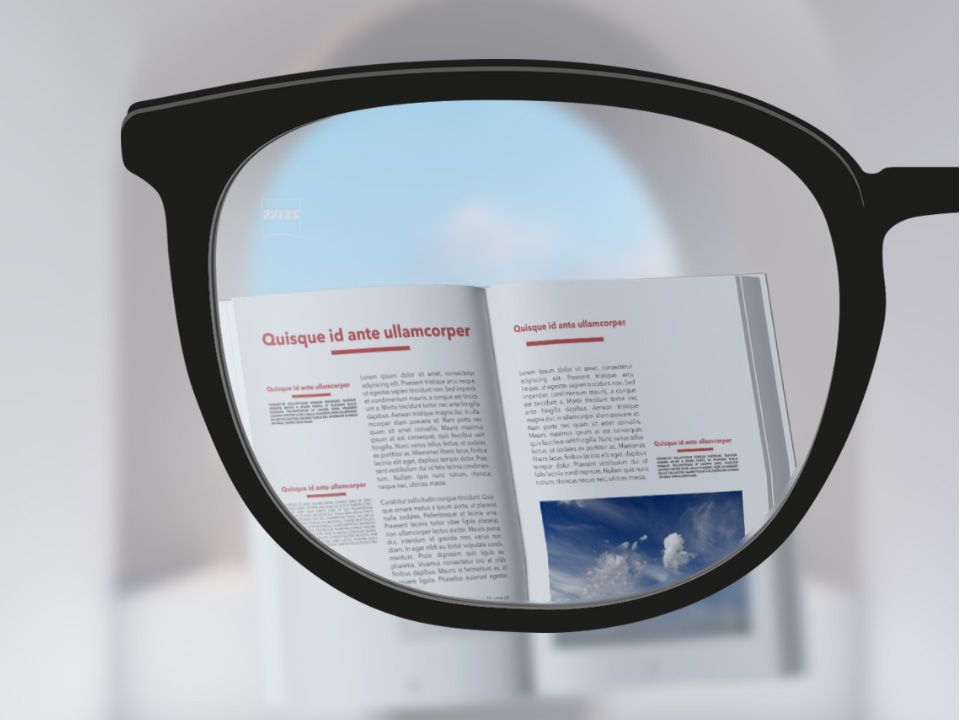  Зображення при погляді крізь лінзи ZEISS Single Vision ClearView; зображення книги чітке, окрім як за межами лінзи. 