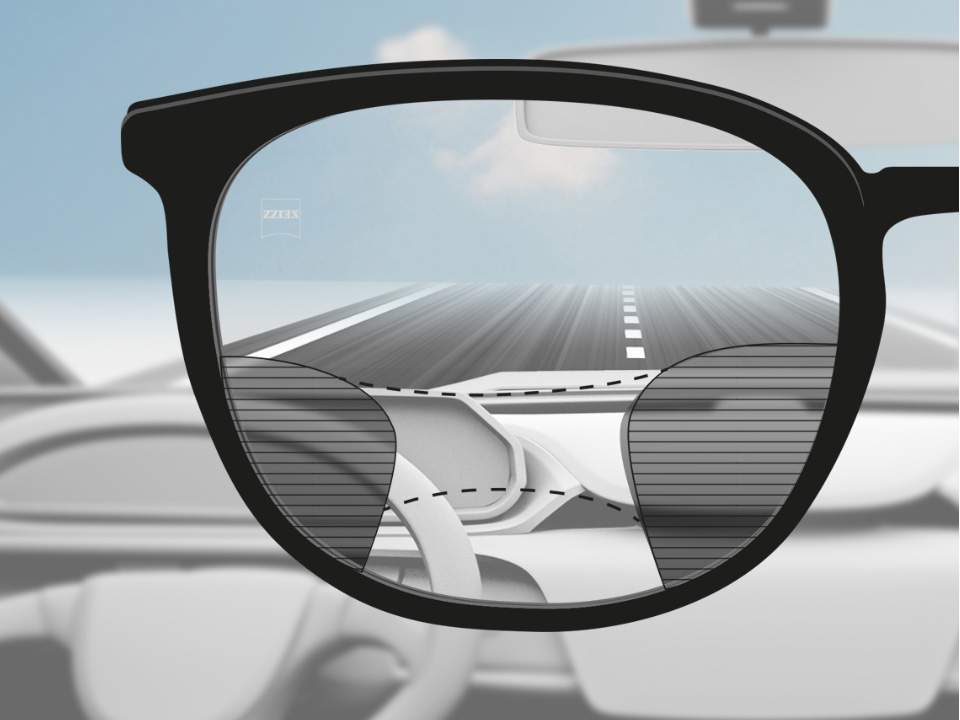 Зображення при погляді водія крізь лінзи ZEISS Progressive DriveSafe з чітким виглядом вулиці й панелі приладів та ділянками розмитості зліва та справа. 