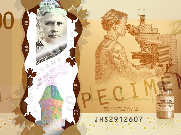Збільшене зображення канадської 100-доларової банкноти, на якій, окрім іншого, зображено мікроскоп ZEISS.
