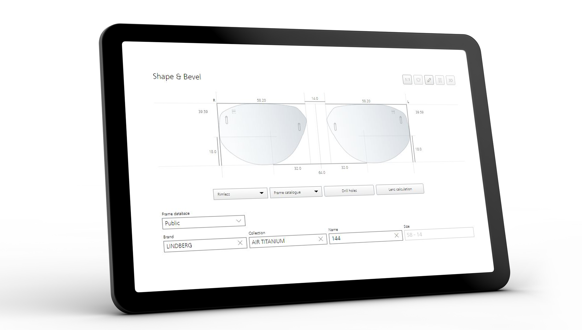 Екран планшета, на якому відображається інтерфейс ZEISS VISUSTORE для вибору форми та нахилу 