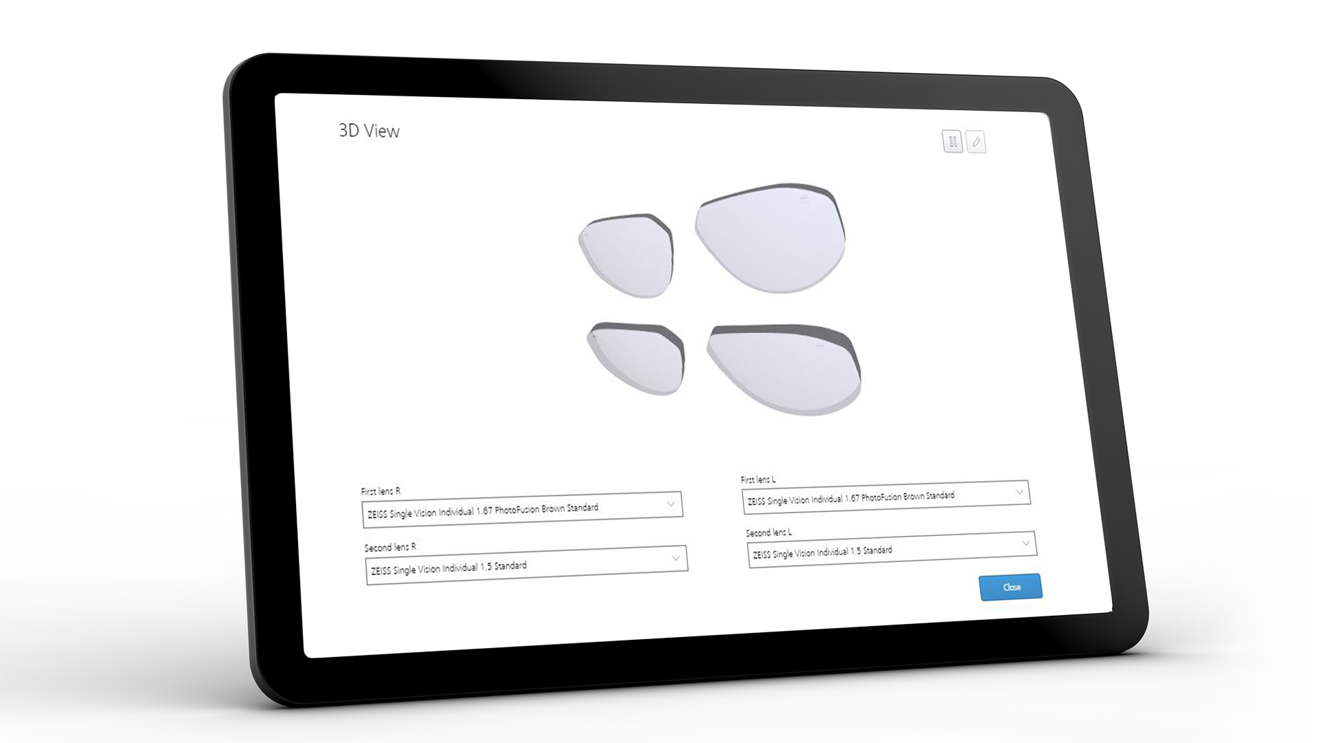 Екран планшета, на якому відображається інтерфейс ZEISS VISUSTORE для тривимірного перегляду 