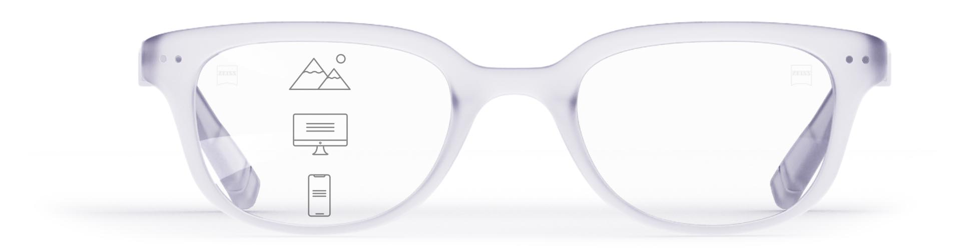 Лінзи ZEISS Progressive SmartLife в стильній прозорій оправі з піктограмами, які позначають різні зони огляду – для близьких, середніх та далеких відстаней